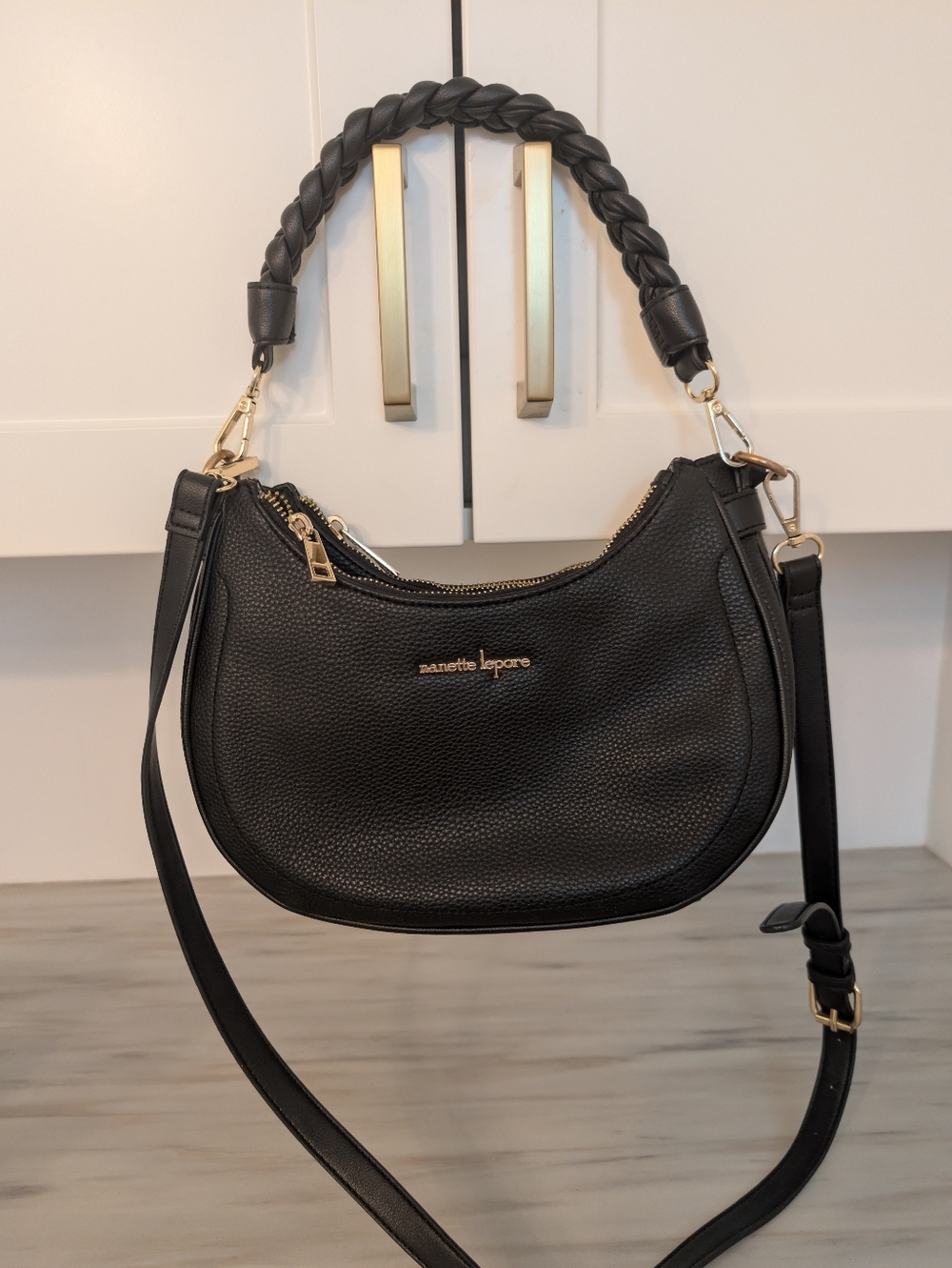 Nanette Lepore Black Pebbled Leather Crescent Shoulder Bag with Braided Handle